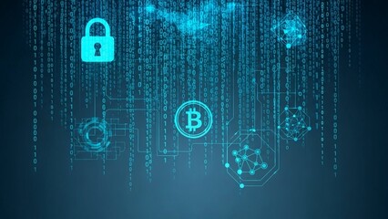 Cryptocurrency security concept with bitcoin symbol and padlock on transparent background with code