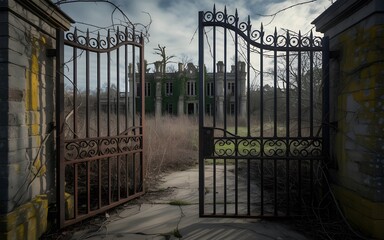 a haunting photograph of a weathered iron gate with an abandoned mansion