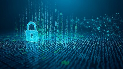 Glowing blue padlock with binary code on transparent background symbolizing digital security and data protection