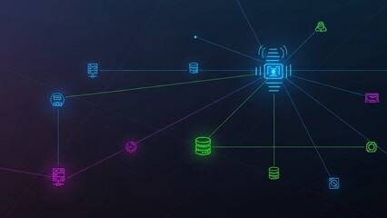 Glowing blue server node with colorful data connections on transparent background