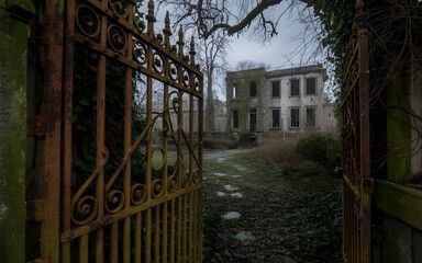 a haunting photograph of a weathered iron gate with an abandoned mansion