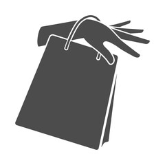 A black and white illustration depicting a hand reaching into a paper shopping bag