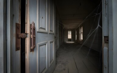 a haunting photograph of an old wooden front door with rusted door handle