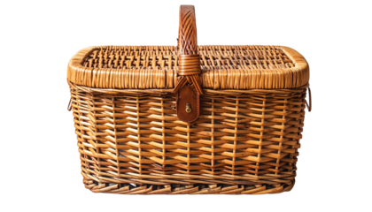 Close-up of a woven rectangular container with a handle and clasp, on a black backdrop