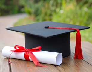 A mortarboard, diploma, and ribbon on a wooden surface, with blurred greenery