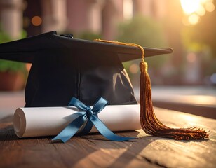 Mortarboard and diploma on a wooden table, warm light and bokeh