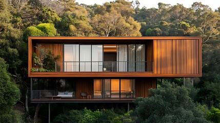 Luxurious modern elevated vacation house featuring warm wood cladding and expansive glass walls nestled deeply within a dense, vibrant green forest landscape backdrop