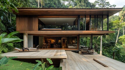 Stunning modern two story tropical house featuring extensive wooden decking and expansive glass walls immersed completely within a dense lush green rainforest environment
