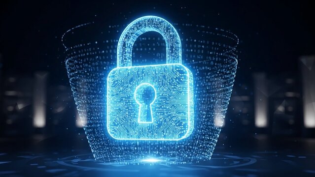 Glowing blue digital padlock made of tiny pixels on transparent background with futuristic cyber security concept - Powered by Adobe