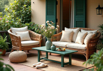 Enjoy elegant outdoor living with this sophisticated rattan furniture set on a lush garden terrace featuring white cushions and a stylish green coffee table.