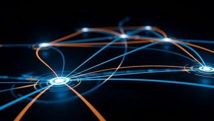 Glowing blue and orange network connections with nodes on transparent background