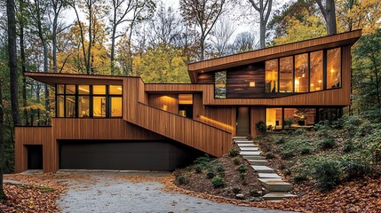 Striking contemporary woodland home featuring warm cedar siding dramatic angled rooflines and expansive floor to ceiling windows showcasing interior light during autumn season