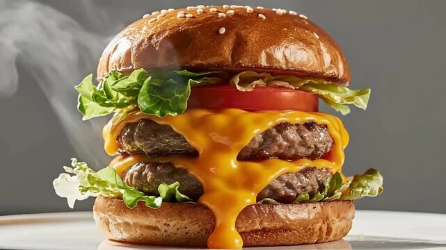 Juicy double cheeseburger with rising steam and melting cheese close up