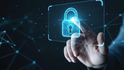 A hand interacts with a glowing digital padlock on a transparent background with futuristic network connections