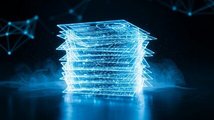 Glowing blue neon wireframe cube structure with geometric connections on transparent background