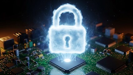 Glowing blue padlock on computer circuit board with microchips on transparent background