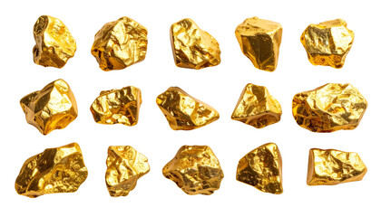 Fifteen glistening gold nuggets of varying sizes, isolated against a black background
