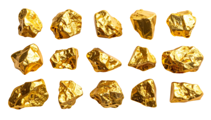 Fifteen glistening gold nuggets of varying sizes, isolated against a black background