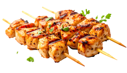 Grilled, seasoned chicken skewers, artfully arranged, with herbs and char marks
