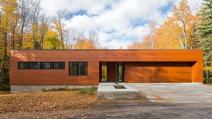 Modernist home exterior featuring rich horizontal wood siding and striking black window frames set against a vibrant forest backdrop during autumn foliage season