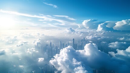Aerial view captures the towering modern cityscape piercing through a dense blanket of bright white cumulus clouds against a vibrant blue sky morning