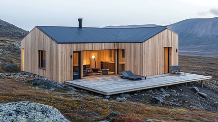 Modern minimalist wooden cabin retreat featuring extensive outdoor decking nestled ruggedly within a vast Scandinavian mountain landscape during twilight hours