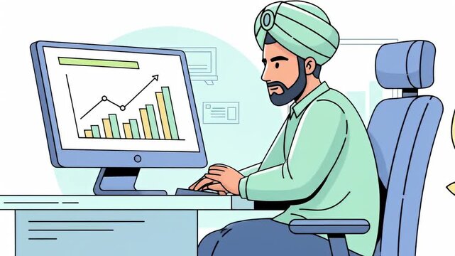 Indian Businessman Analyzing Data on Computer in Office.