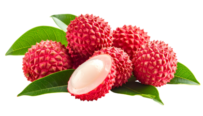 A cluster of red, textured lychees with green leaves, one cut open to reveal white flesh