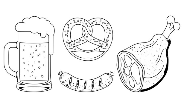 Oktoberfest food elements vector set beer pretzel sausage