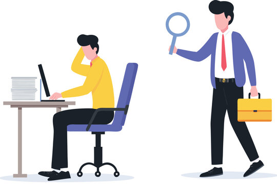 Micromanaging boss, toxic manager monitoring every details, excessive supervision and control of employee work and processes, micromanager boss using magnifying glass keep looking at employee working.