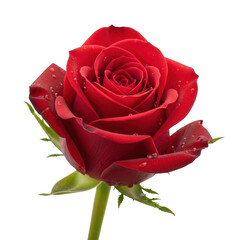Vibrant red rose with dew drops
