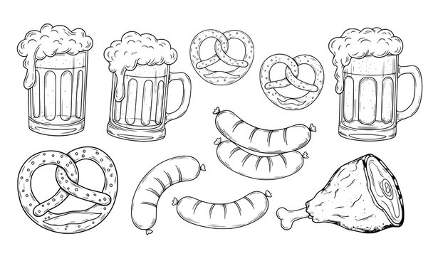 Hand drawn Oktoberfest elements beer sausage pretzel vector