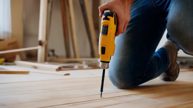  Carpenter Using Electric Screwdriver to Install Wooden Floor