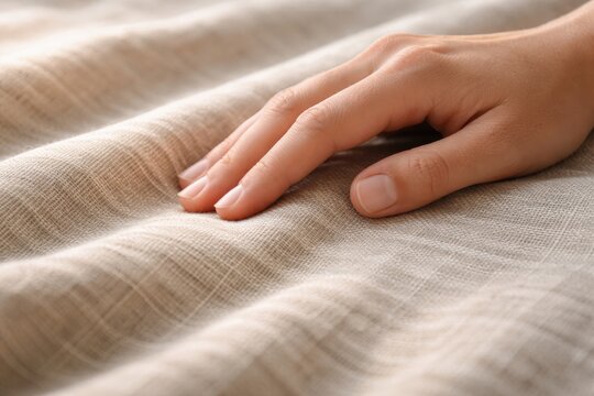 Human hand gently touching beige fabric surface with soft wrinkles, representing tactile material concept for lifestyle, wellness, and textile use