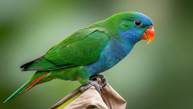 Close up of blue crowned hanging parrot perching on dried leaf against blurred green background showcasing vibrant colors and nature concepts