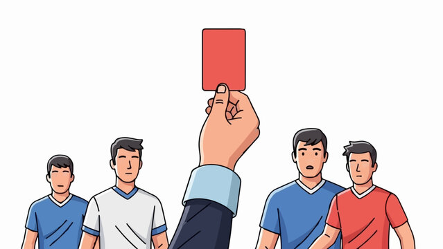 Referee showing red card to surprised soccer players
