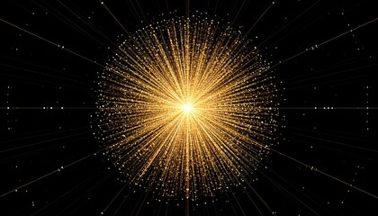 A radiant golden sphere explodes with light and particles against a black void