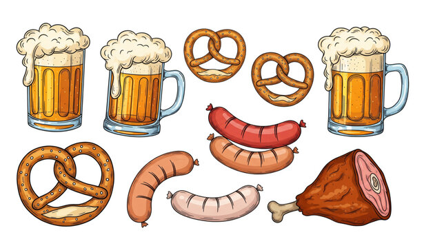 Hand drawn Oktoberfest elements beer sausage pretzel vector