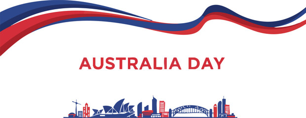 Obraz premium Australia day celebration greeting card banner with waving red and blue ribbon and sydney skyline silhouette