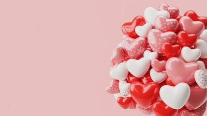 Vibrant cluster of red and white heart balloons on pink background