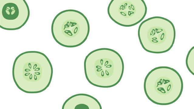 Scattered light green cucumber slices with visible seeds against a white background
