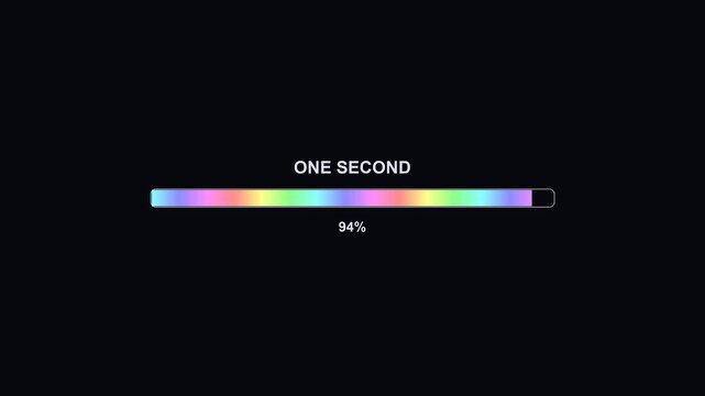 A progress bar animation displays a colorful loading sequence for a streamer or video creator. It shows the time remaining and completion status for a video or stream.