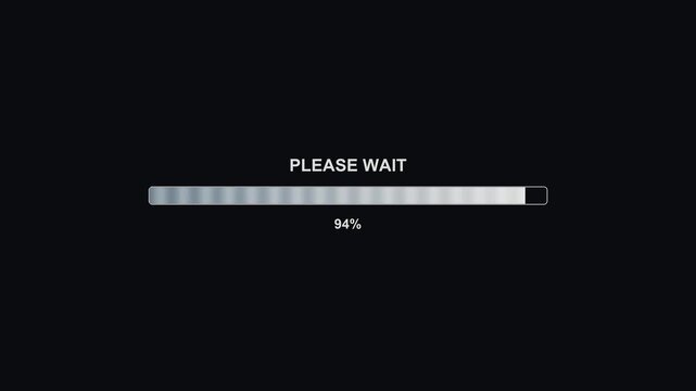 A progress bar animation for streamers or video creators displays 100 percent completion. The message prompts viewers to please wait while the video is loading or transitioning.