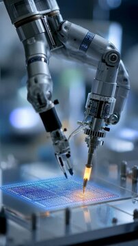 Precision robotic arm with glowing tool tip works on intricate blue-lit microchip surface
