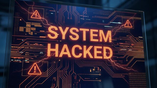 Digital Screen Alert: System Hacked Warning with Circuit Board Background
