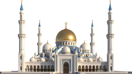 Fototapeta premium White mosque with blue accents and golden dome Islamic architecture transparent background
