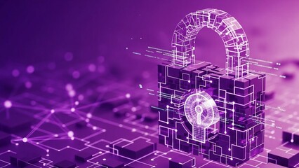 Digital padlock with glowing purple circuit board on transparent background symbolizing cybersecurity and data protection