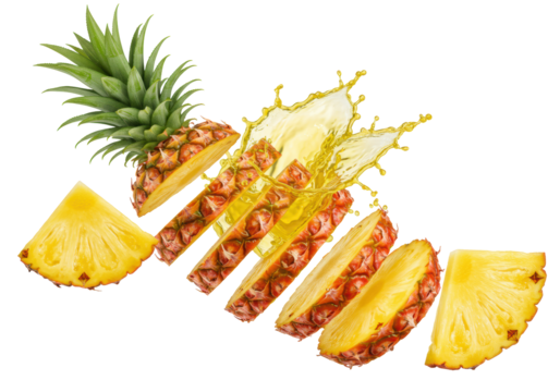Close-up macro of ripe red pineapple slices floating mid-air with an energetic, frozen explosion of golden yellow juice against a stark white studio backdrop. Concept for beverage advertising - Powered by Adobe