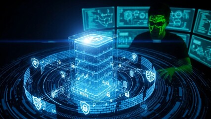 Hacker surrounded by screens with glowing blue cyber security interface on transparent background