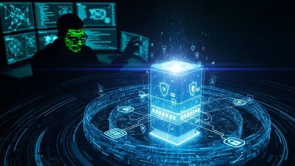 Futuristic hacker surrounded by neon blue digital interface on transparent background